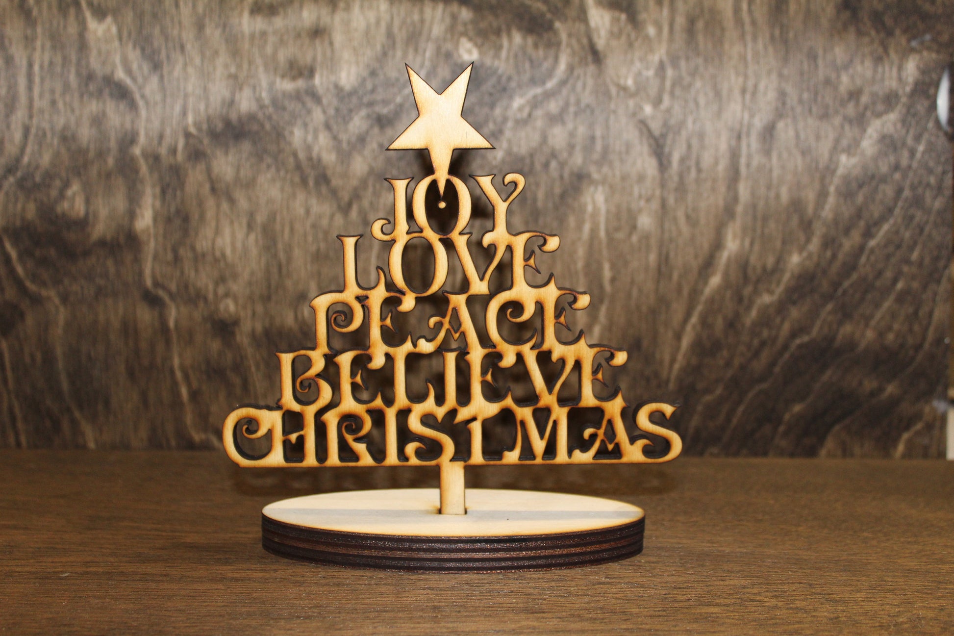 Free Standing Christmas Tree Wood Shelf Sitter Stand 3D Text Joy Love Peace Believe  DIY Wood Word Laser Cut Wooden Decor Birch