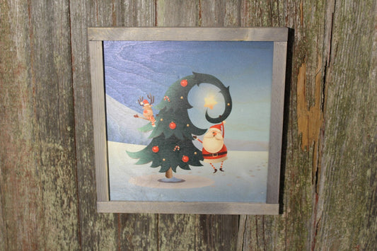 Rustic Santa and Reindeer Christmas Tree Snow Winter Decorating Decoration Farmhouse Décor Framed Primitive Printed