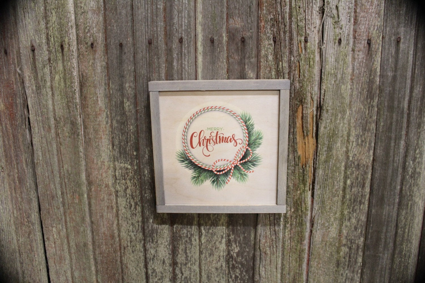 Primitive Merry Christmas Wood Sign Evergreen Wreath Gray Framed Print Red and White Stripe Script Wall Art Farmhouse Decoration Rustic