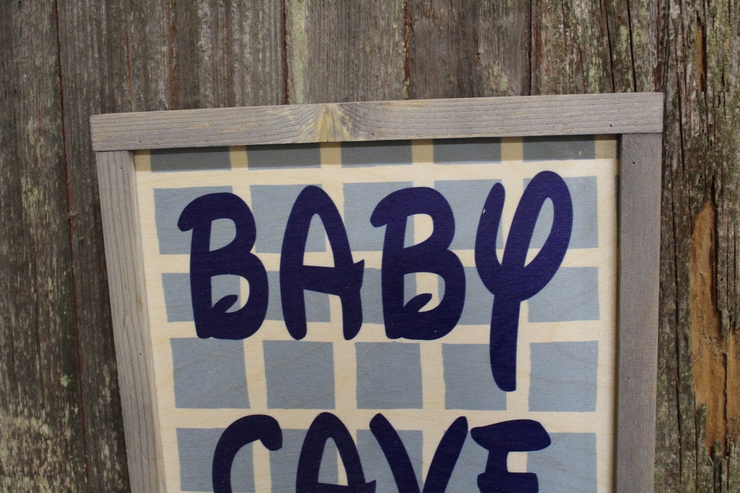 Nursery Room Sign Baby Cave Wood Sign Club House Room Sign Gray Framed Print Blue Checked Wall Art Farmhouse Primitive Rustic Decoration