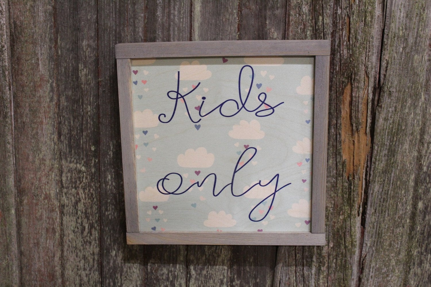Kids Only Wood Sign Club House Room Play Room Sign Gray Framed Print Clouds Wall Art Farmhouse Primitive Rustic Decoration Decor