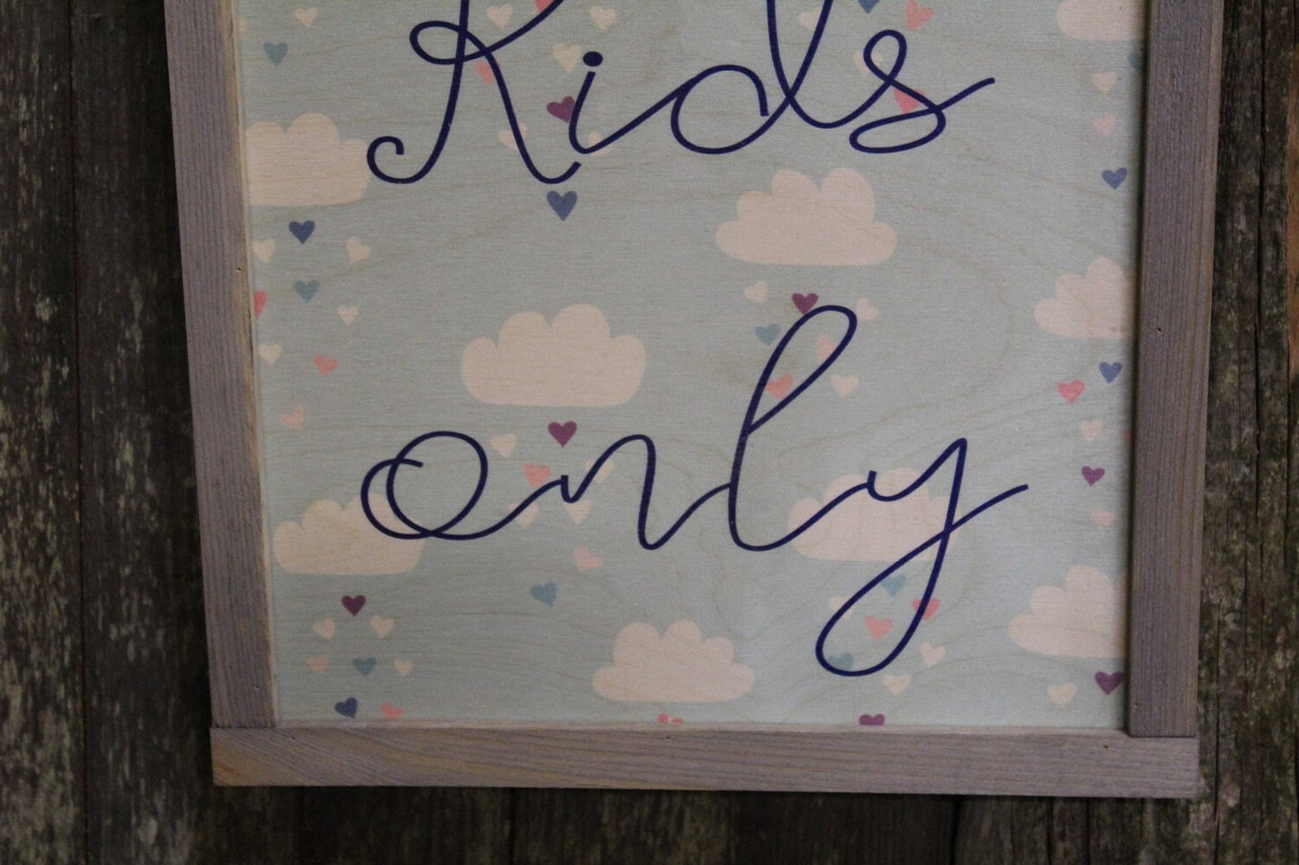 Kids Only Wood Sign Club House Room Play Room Sign Gray Framed Print Clouds Wall Art Farmhouse Primitive Rustic Decoration Decor