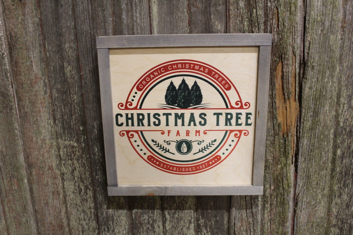 Framed Organic Christmas Tree Wood Sign Pallet Sign Red and Green Evergreen Pine Trees Established Christmas Decor Farm Print Wall Art
