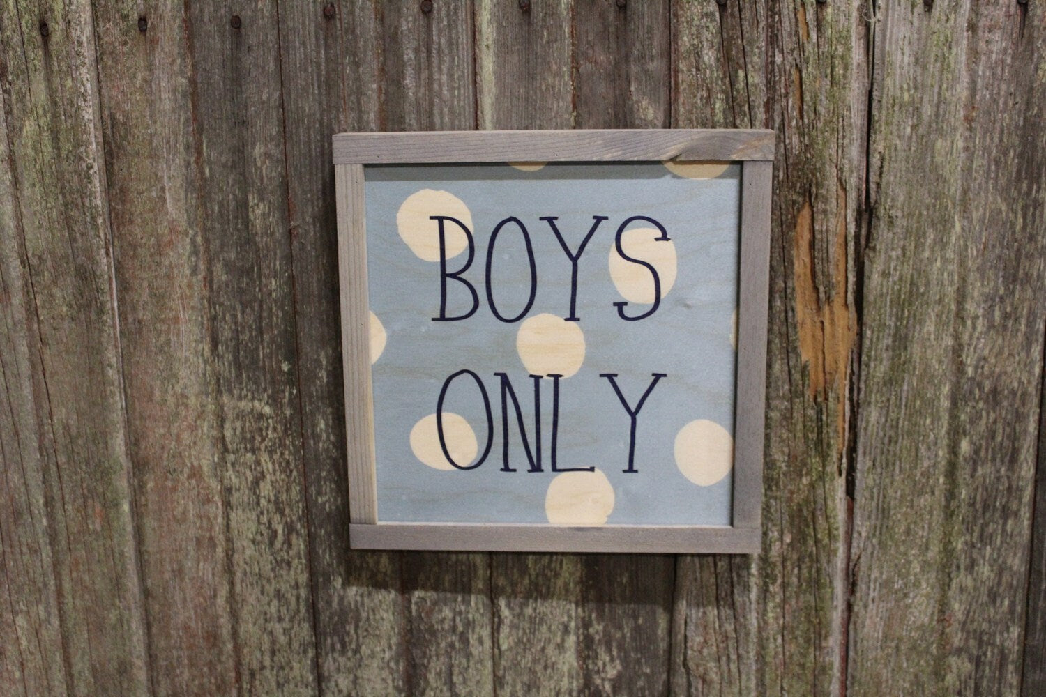 Framed Boys Only Wood Sign Room Sign Pallet Sign Club House Blue and White Circles No Girls Text Script Décor Decoration Print Wall Art