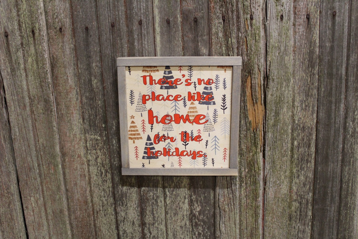 Framed Christmas Wood Sign There is No Place Like Home for the Holidays Text Pine Tree Decoration Print Wall Art Decor Farmhouse Rustic