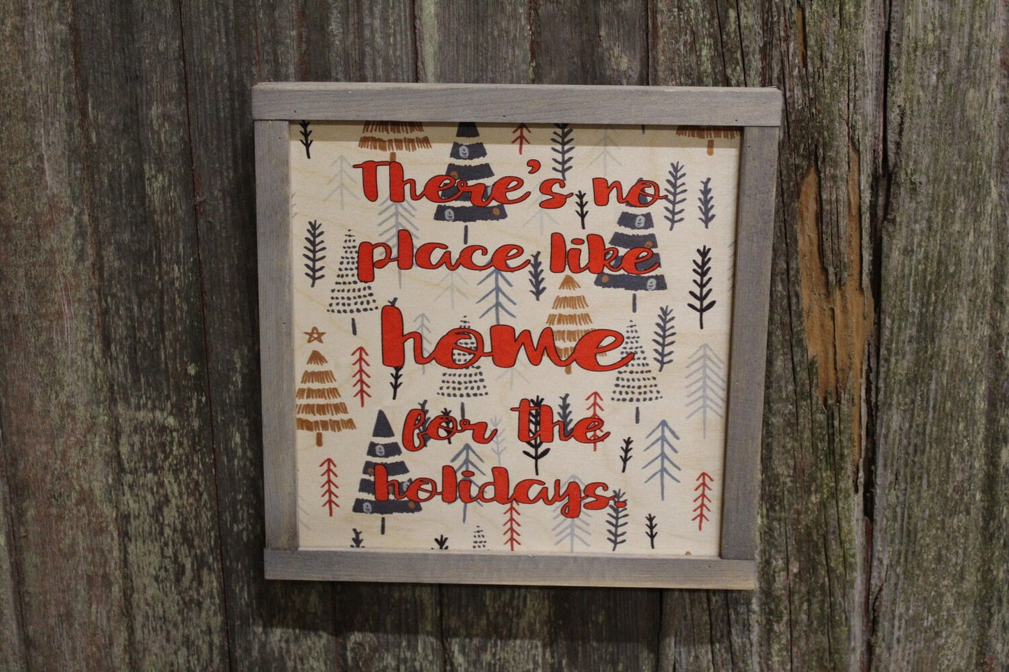 Framed Christmas Wood Sign There is No Place Like Home for the Holidays Text Pine Tree Decoration Print Wall Art Decor Farmhouse Rustic