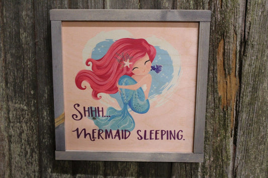 Shhh Mermaid Sleeping Wood Sign Gray Frame Under the Water Wall Art Primitive Rustic Decoration Décor Little Girl Do Not Disturb Room Sign