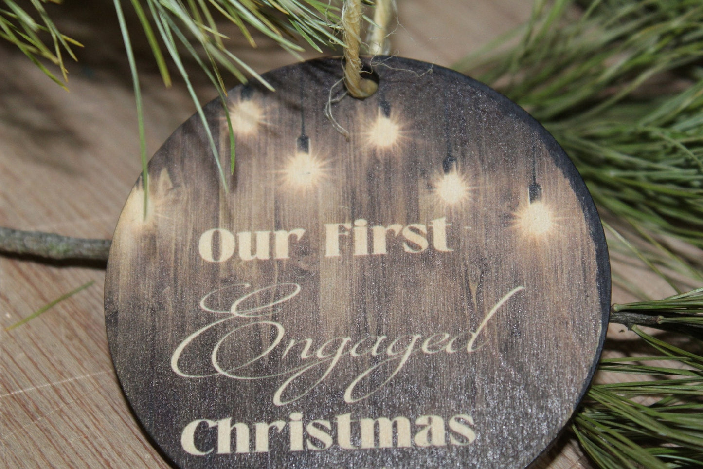 Engaged Celebrate Ornament Our First Christmas Engaged Wood Slice Christmas Tree Primitive Rustic Tree Printed Light Bulb Barn Wood