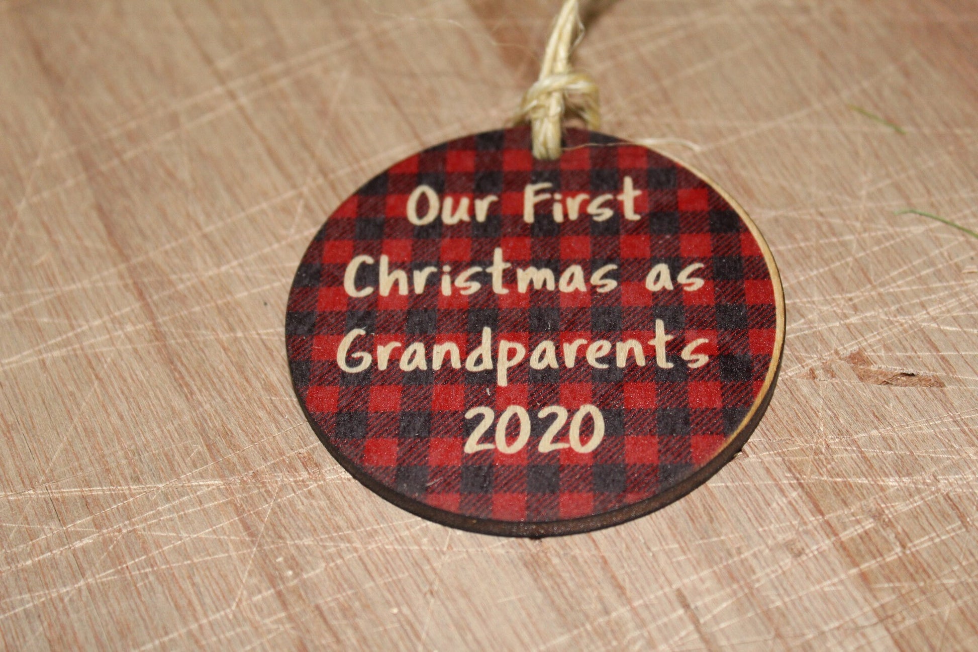 Our First Christmas as Grandparents Gift Ornament Wood Slice Red Buffalo Plaid Christmas Tree Primitive Rustic Tree Printed Grandma Grandpa