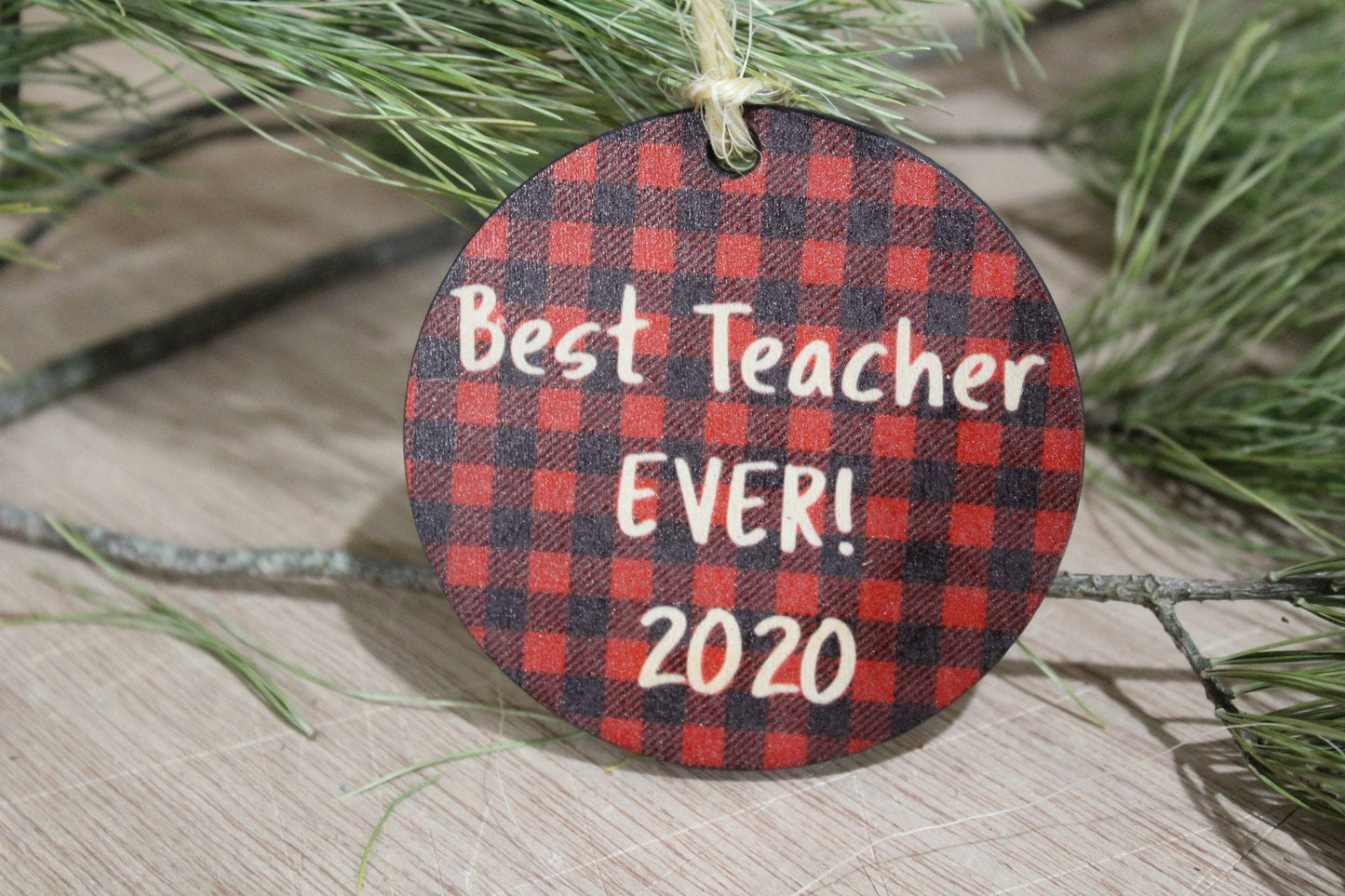 Buffalo Plaid Best Teacher Ever Santa Teach Christmas Ornament Wood Slice Teachers Gift Keychain Décor Wood Circle Sign Gift Cute Unique