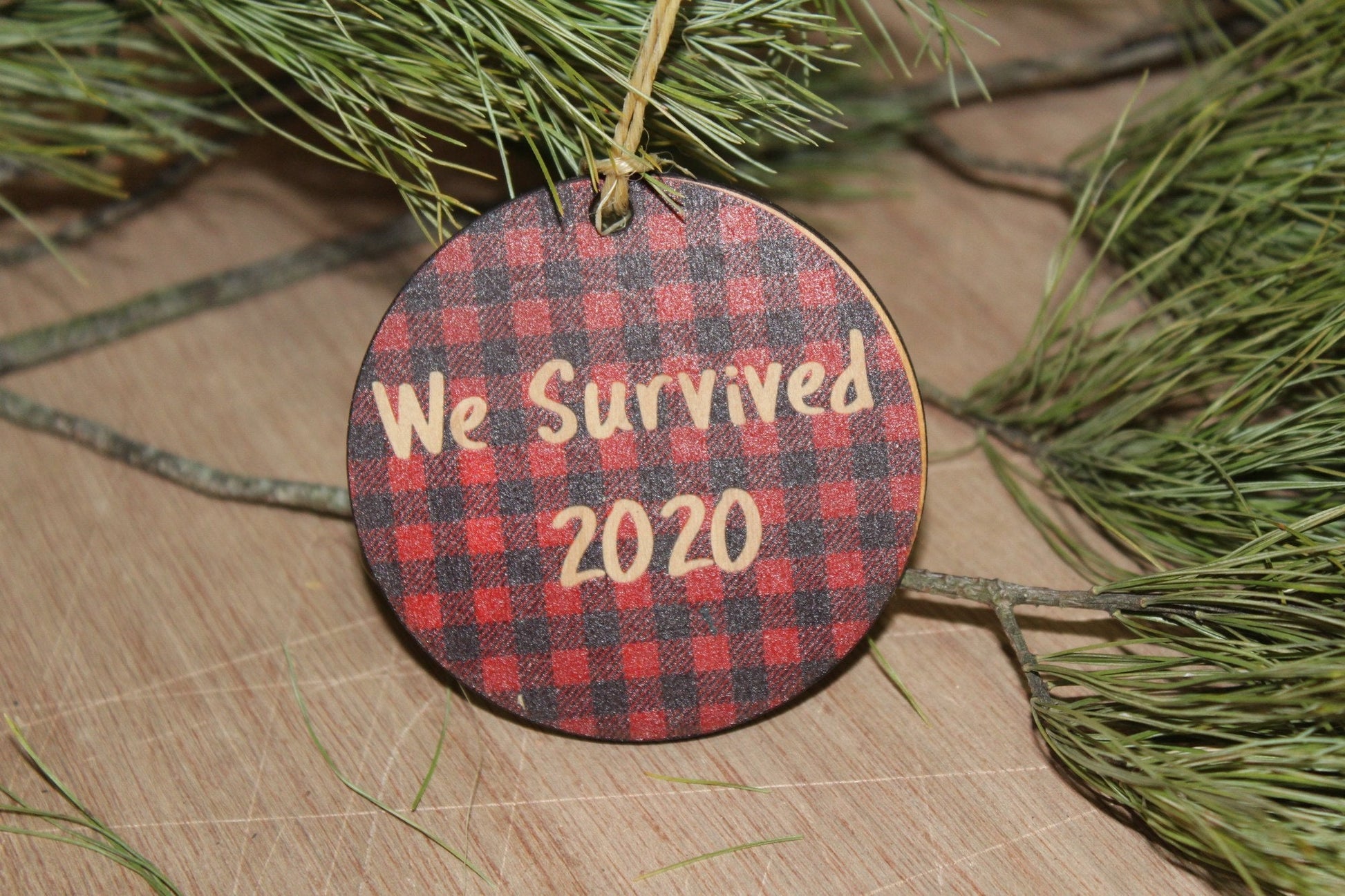 We Survived Giftable Ornament Wood Slice Red Buffalo Plaid Christmas Tree Primitive Rustic Tree Printed Funny Covid Pandemic Farmhouse