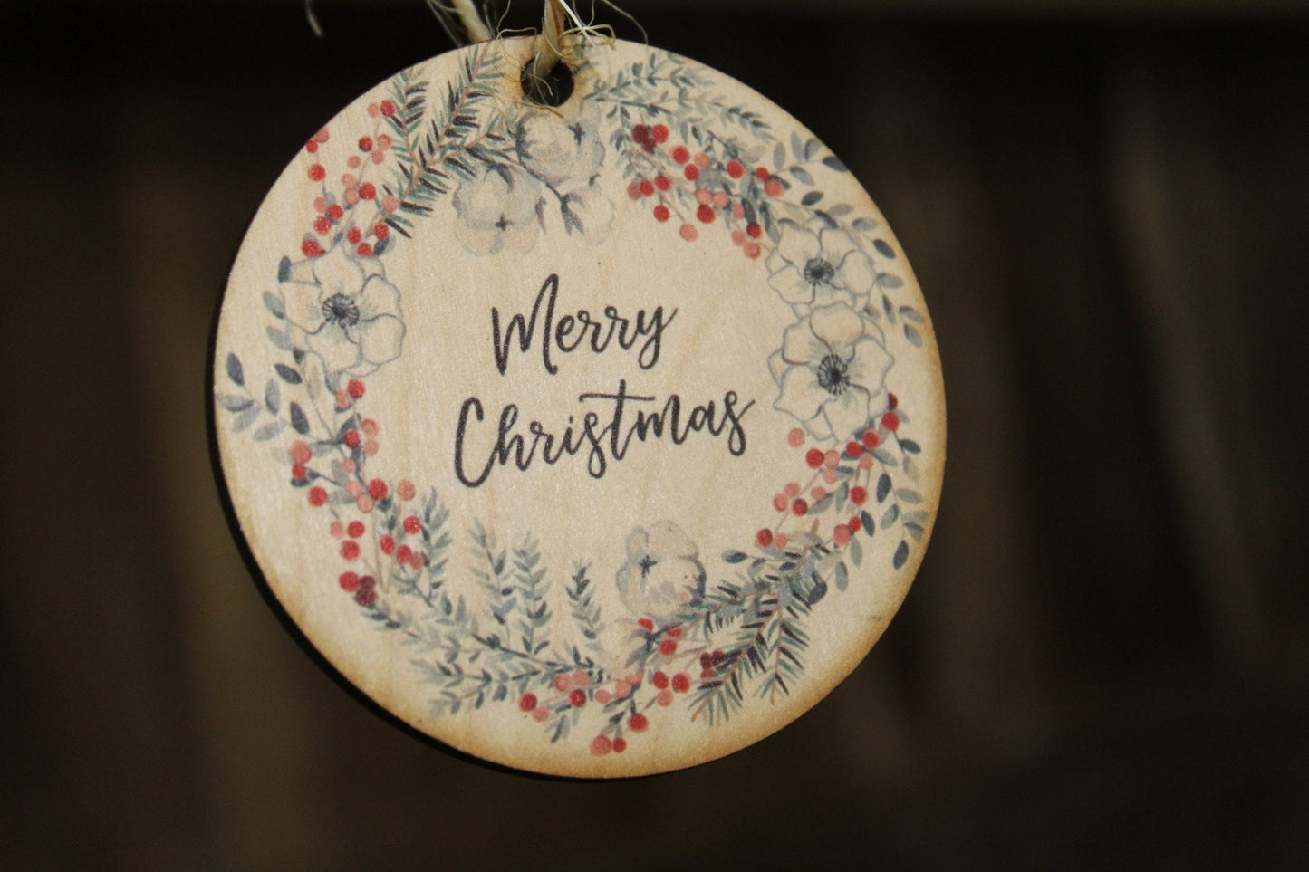 Merry Christmas Ornament Wood Wreath Cotton Holly Text Script Evergreen Christmas Tree Primitive Rustic Farmhouse