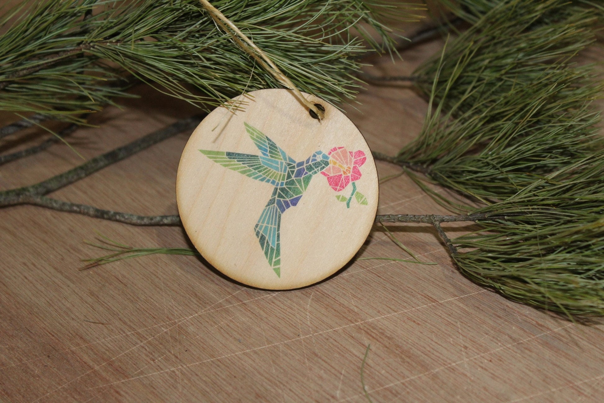 Barn Quilt Hummingbird Ornament Wood Slice Geometric Bird with Flower Pastel Christmas Tree Primitive Rustic Farmhouse