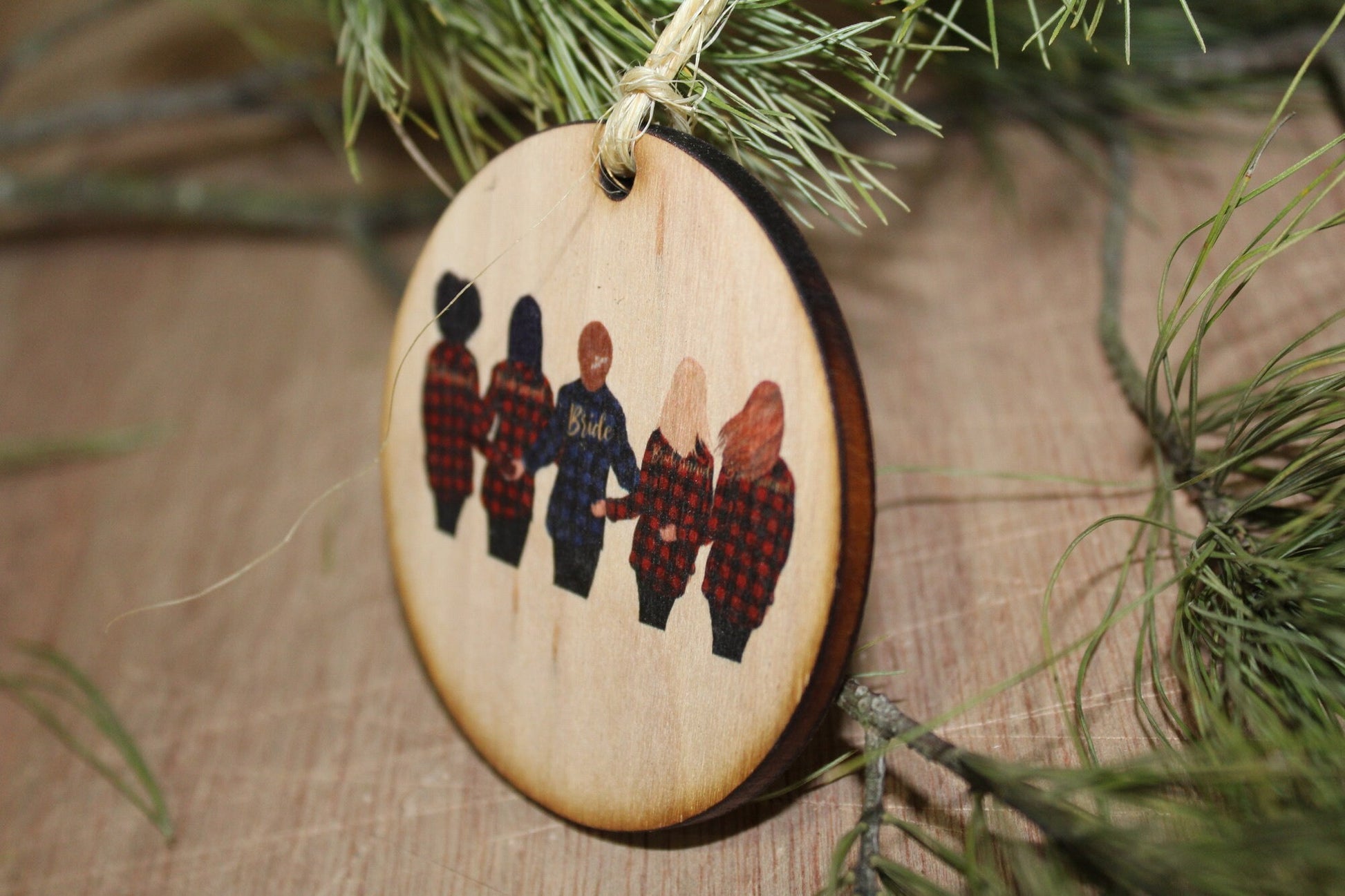 Personalize Your Bridal Party Gift Custom Picture Cartoon Christmas Ornament Wood Slice Wedding Bride Crew Bridesmaids Group Buffalo Plaid