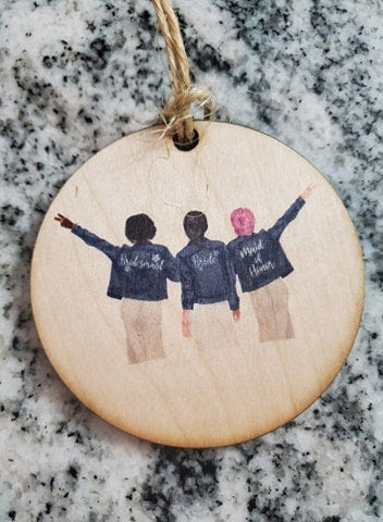 Personalize Your Bridal Party Custom Picture Cartoon Christmas Ornament Wood Slice Wedding Bride Crew Bridesmaids Group Jean Jackets
