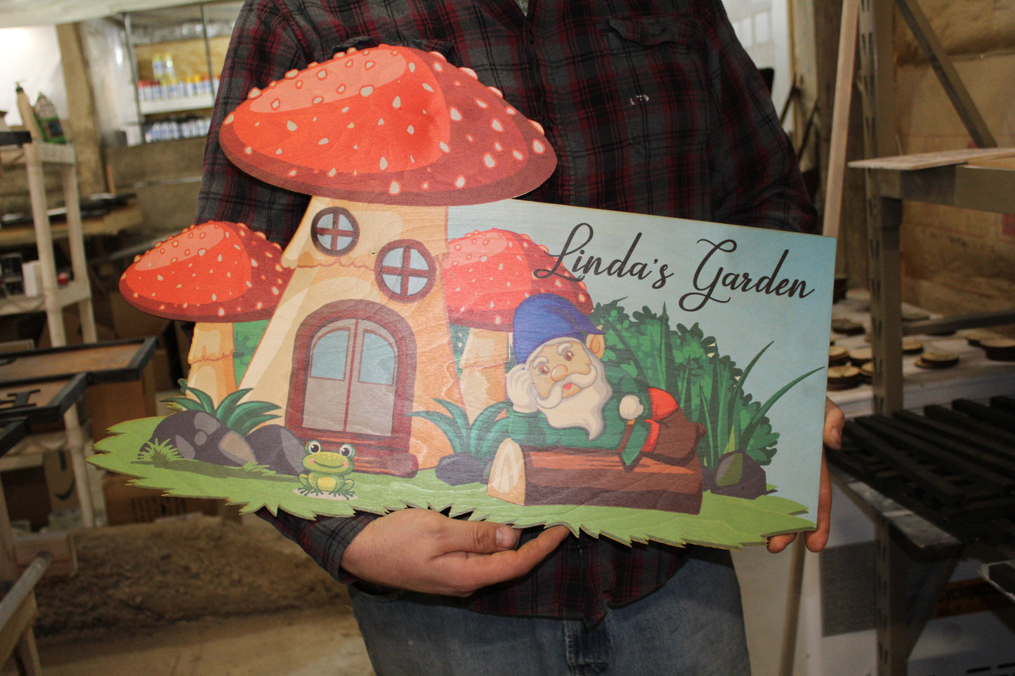 Large Lounging Gnome Mushroom Garden Sign Custom with UV Ink Printed Extra Detail We Use Your Actual Graphic and Contour Business Logo Wood