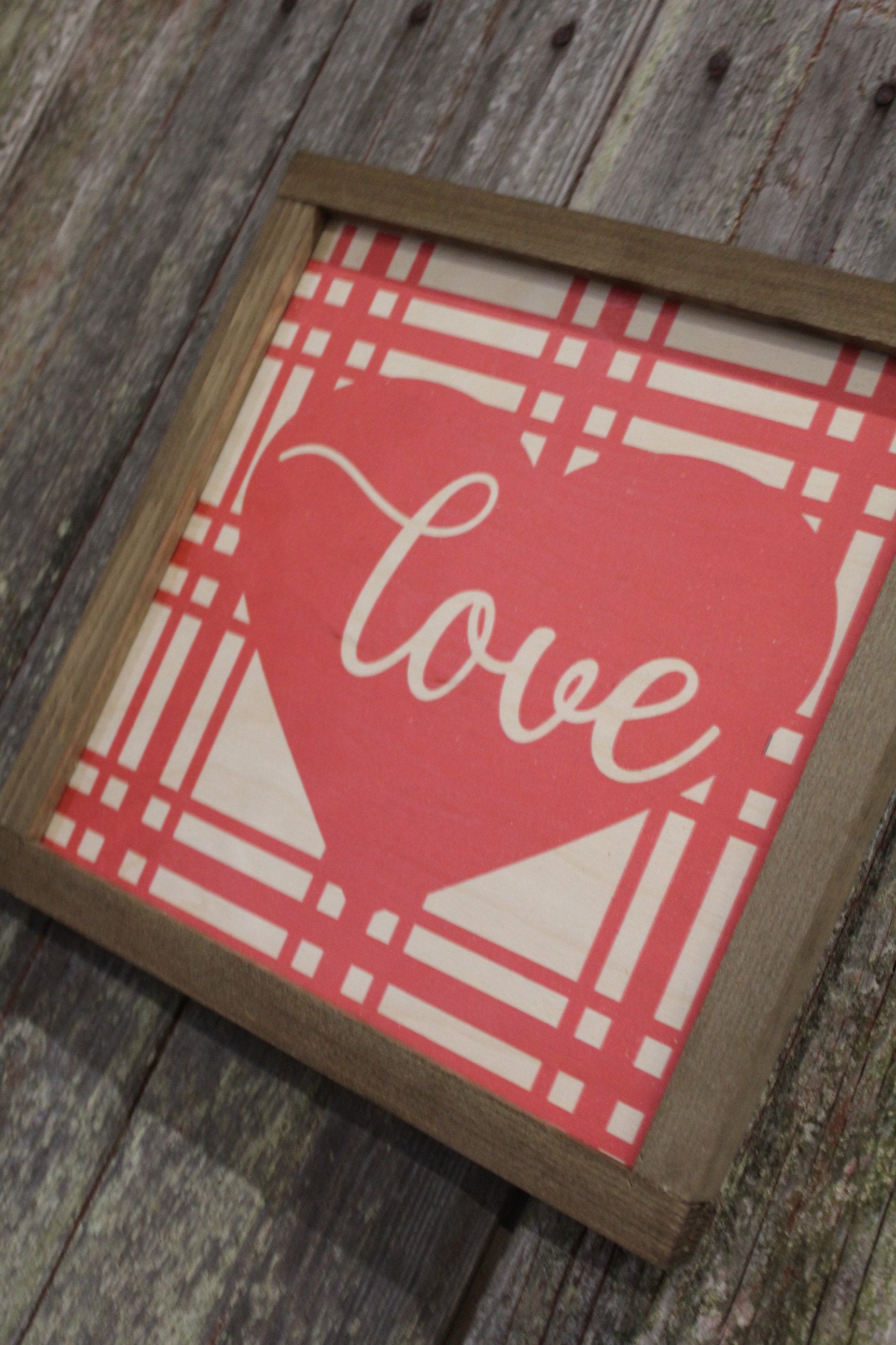 Valentines Wood Sign Love Plaid Valentines Day Hearts Red Pink Brown Framed Print Wall Art Farmhouse Primitive Rustic