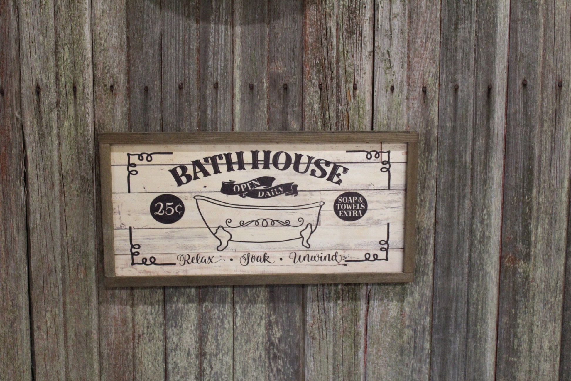 Farmhouse Bath House Bathhouse Tub Wood Sign Claw Foot 25 Cents Shiplap Relax Soak Towels Extra Unwind Framed Wall Art Primitive Rustic