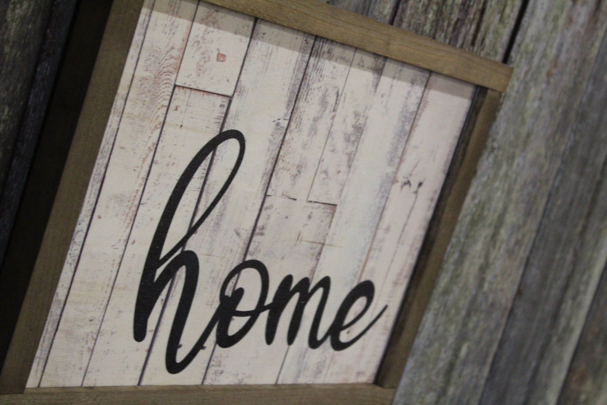Home Wood Sign Script Text White Shiplap House Warming Brown Frame Farmhouse Decor Gift Print Art Primitive Rustic Barn Wood