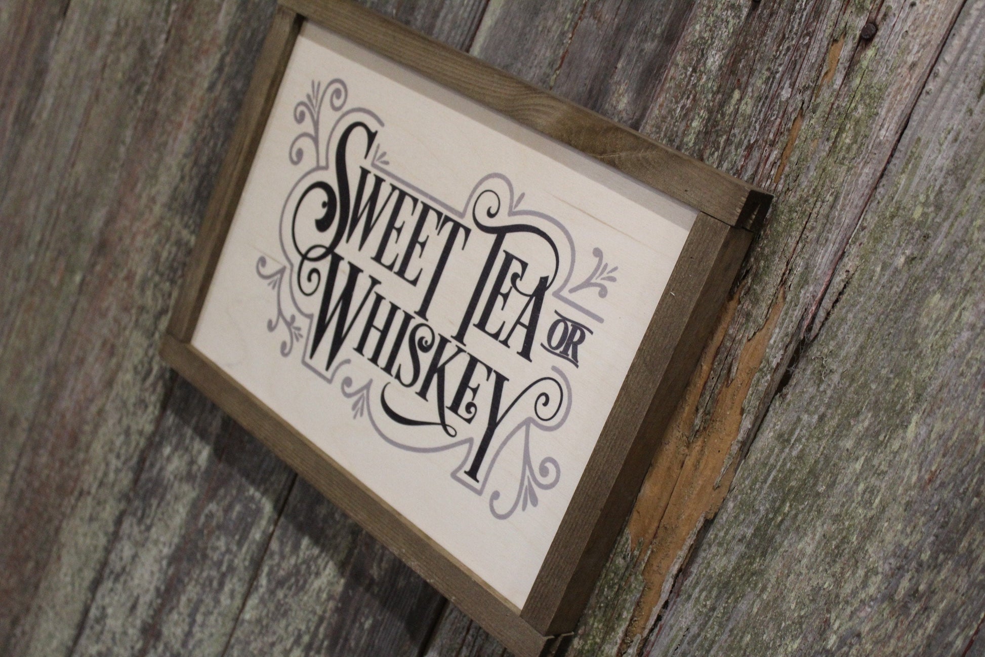 Sweet Tea or Whiskey Wood Sign Farmhouse Wall Decor Picture Print Primitive Rustic Barn Wood Script Text Kitchen Porch Sign Wood Frame