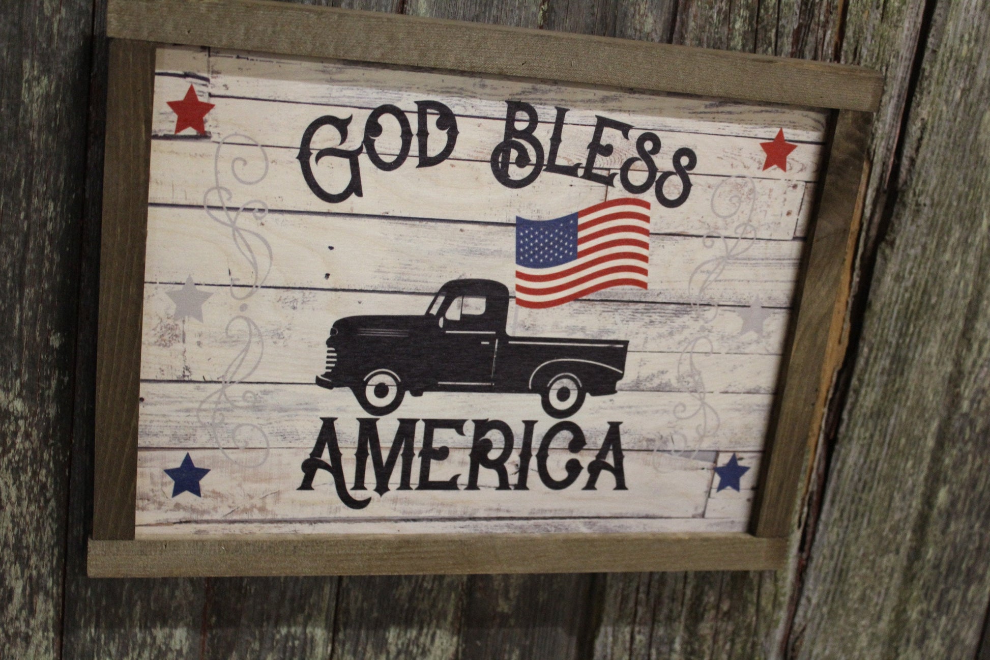 God Bless America Wood Sign Vintage Truck American Flag Patriotic Farmhouse Decor Shiplap Picture Print Primitive Rustic Barn Wood Frame