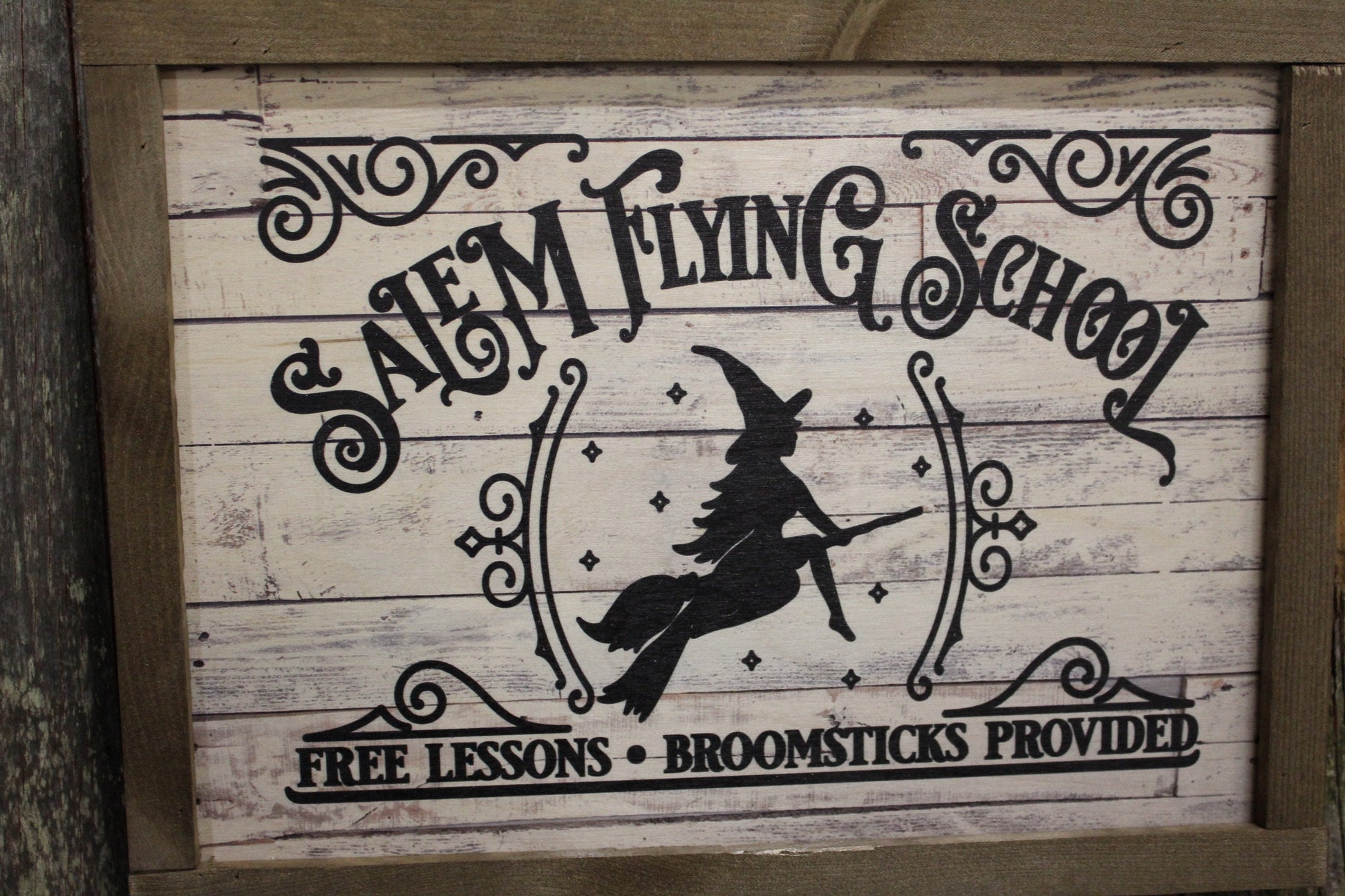 Salem Flying School Wood Sign Halloween Shiplap Rustic Primitive Fall Wall Art Picture Witch Text Script Black Training Broomsticks Lessons