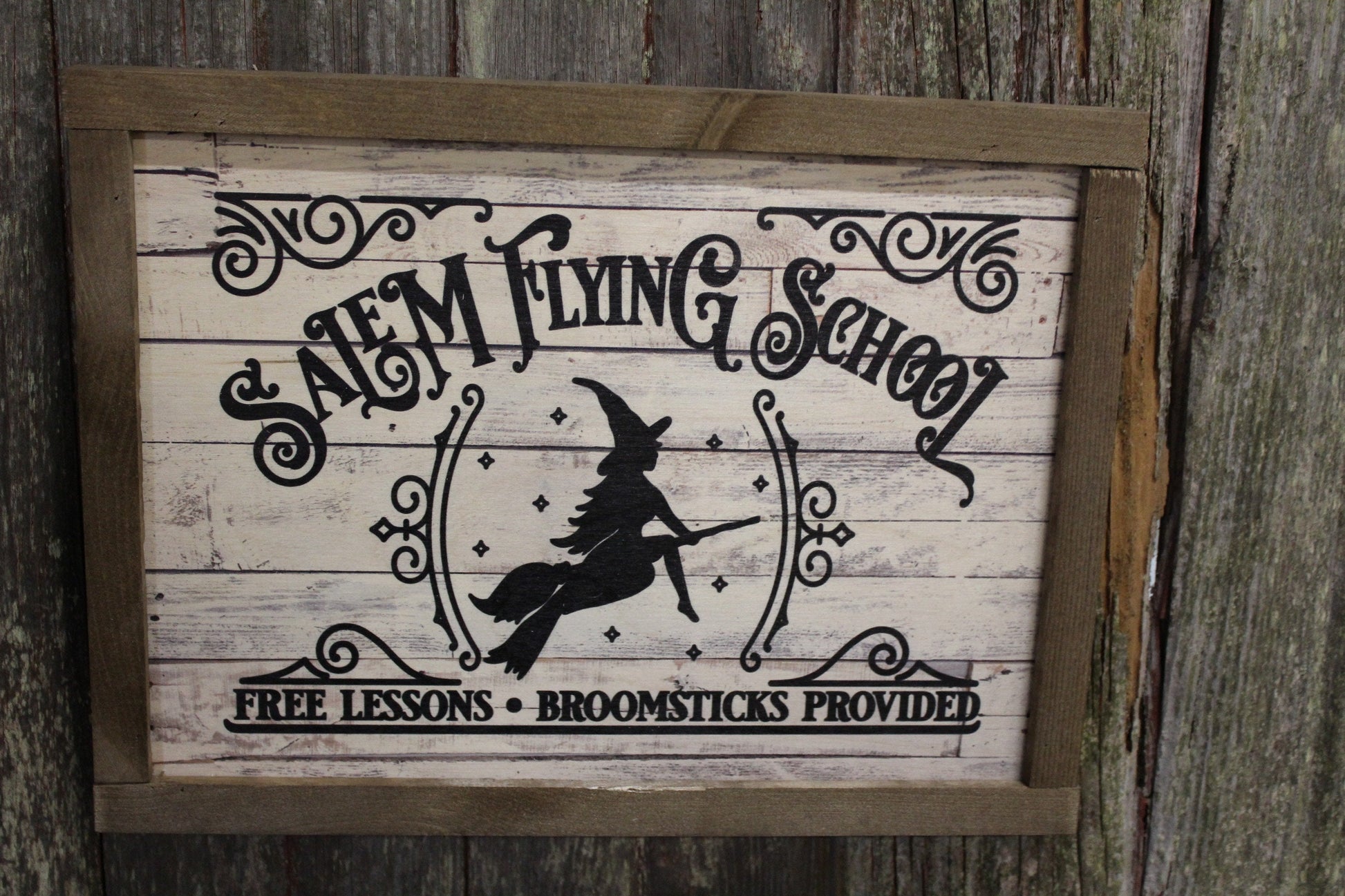 Salem Flying School Wood Sign Halloween Shiplap Rustic Primitive Fall Wall Art Picture Witch Text Script Black Training Broomsticks Lessons
