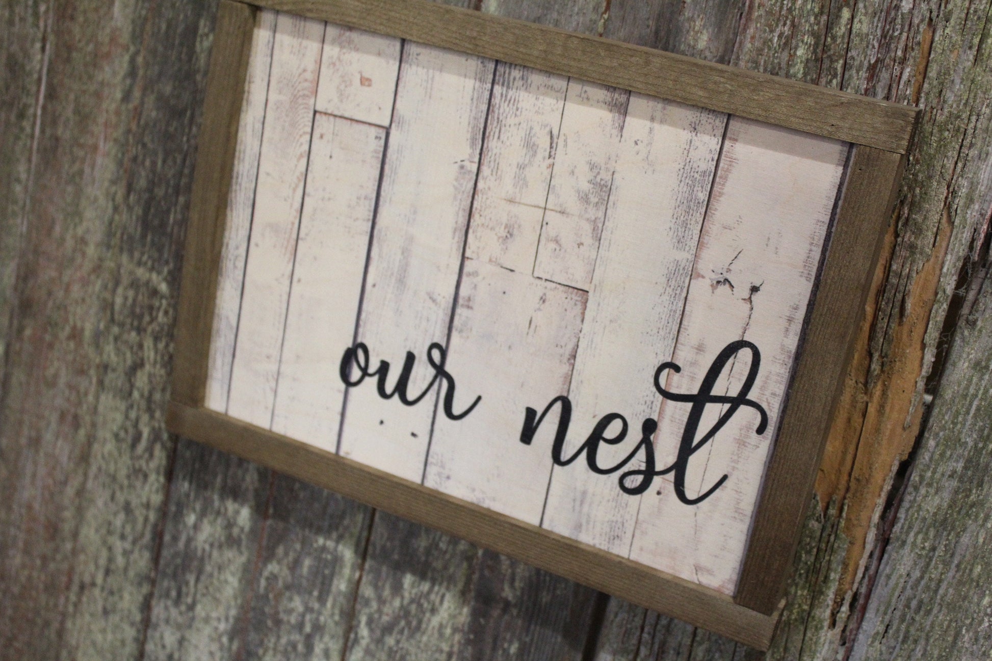 Our Nest Pallet Wood Sign Print Farmhouse Decoration Text House Warming Home Owners Gift Barn Wood Frame Wall Art White Shiplap Script