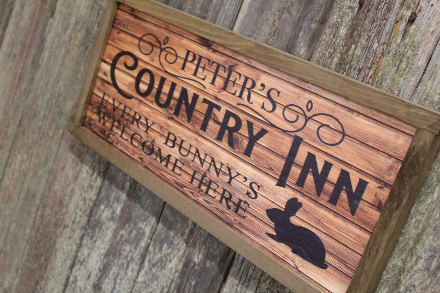 Peters Country Inn Wood Sign Bed and Breakfast B&B Bunny Rabbit Easter Spring Large Framed Wall Art Farmhouse Rustic Every Bunnies Welcome