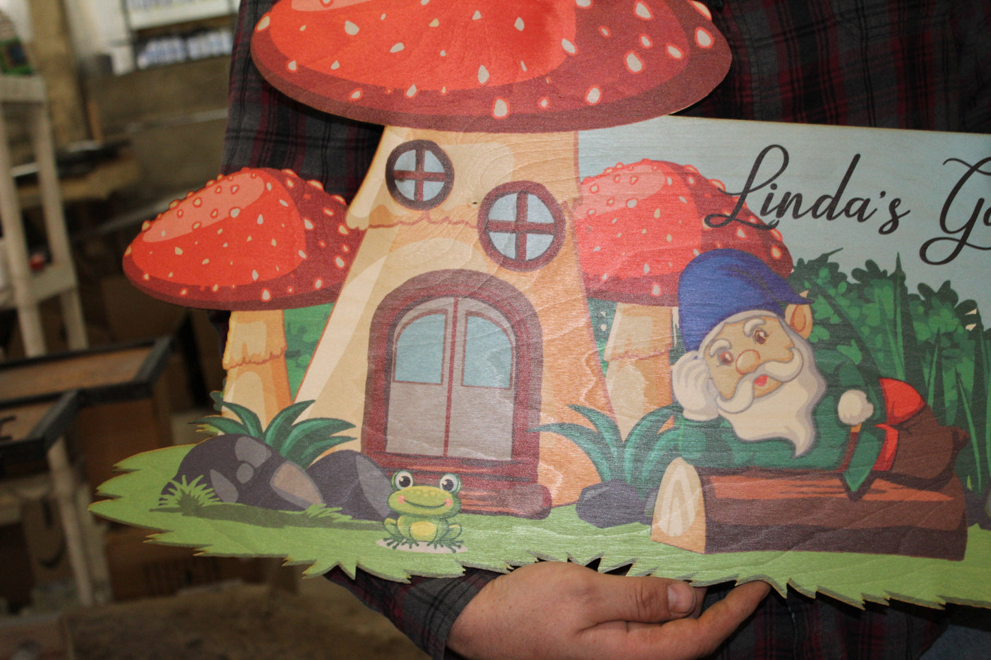 Large Lounging Gnome Mushroom Garden Sign Custom with UV Ink Printed Extra Detail We Use Your Actual Graphic and Contour Business Logo Wood