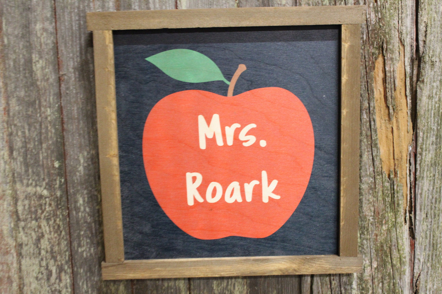 Teacher Gift Wood Sign Teachers Name Apple Chalkboard Custom Brown Framed Print Personalize Your Name Wall Art Farmhouse Primitive Rustic