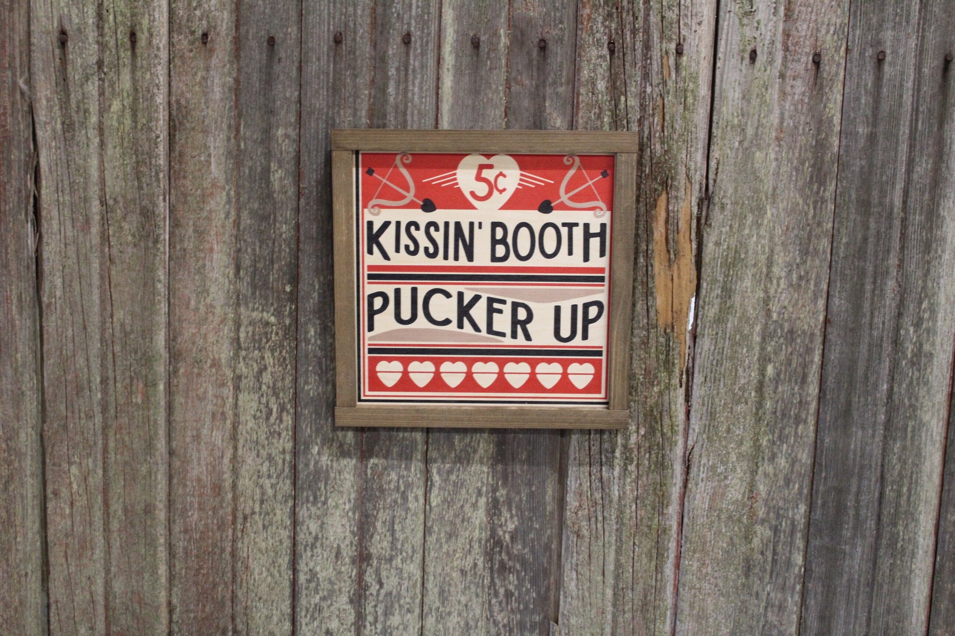 Kissin' Booth Wood Sign Pucker Up Valentines Day Hearts Red Love Kissing Brown Framed Print Wall Art Farmhouse Primitive Rustic Cupids Arrow