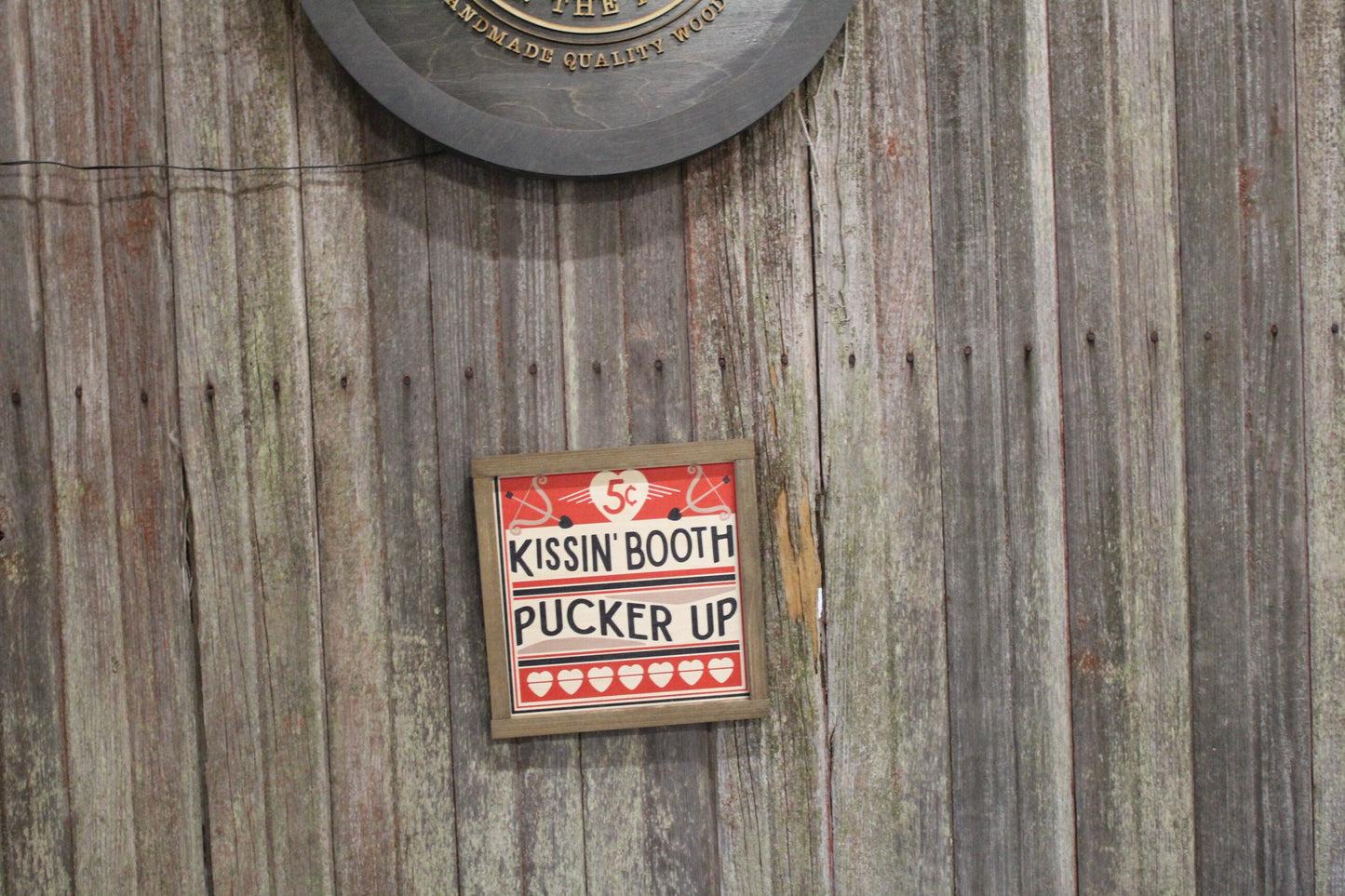 Kissin' Booth Wood Sign Pucker Up Valentines Day Hearts Red Love Kissing Brown Framed Print Wall Art Farmhouse Primitive Rustic Cupids Arrow