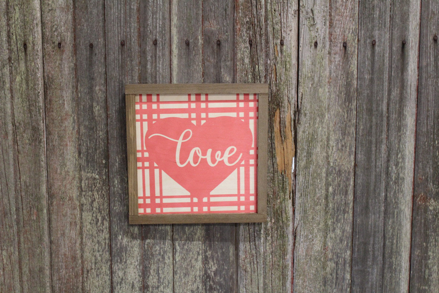 Valentines Wood Sign Love Plaid Valentines Day Hearts Red Pink Brown Framed Print Wall Art Farmhouse Primitive Rustic