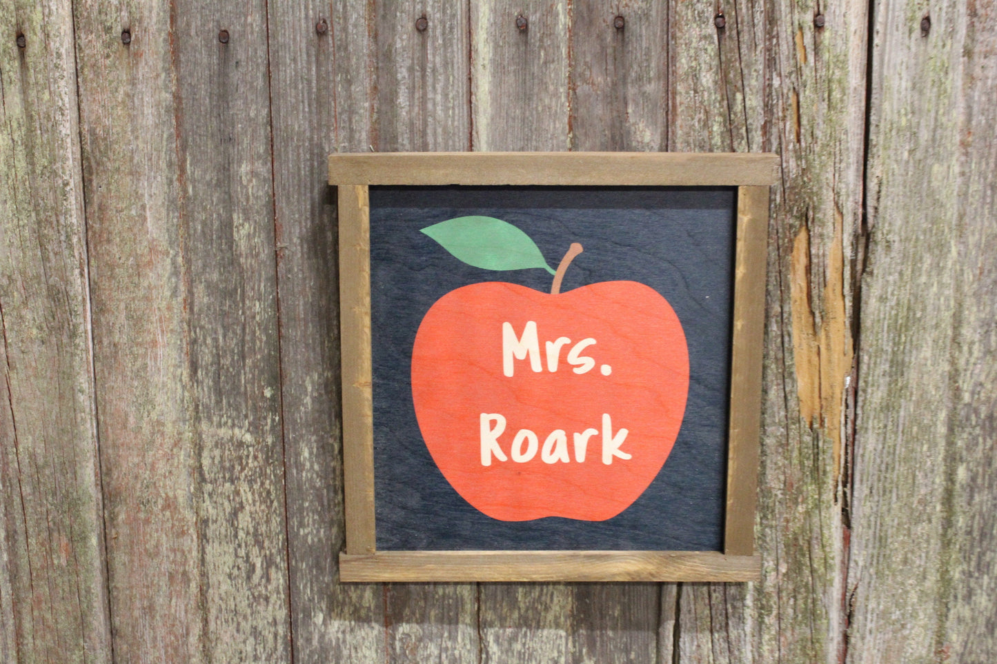 Teacher Gift Wood Sign Teachers Name Apple Chalkboard Custom Brown Framed Print Personalize Your Name Wall Art Farmhouse Primitive Rustic