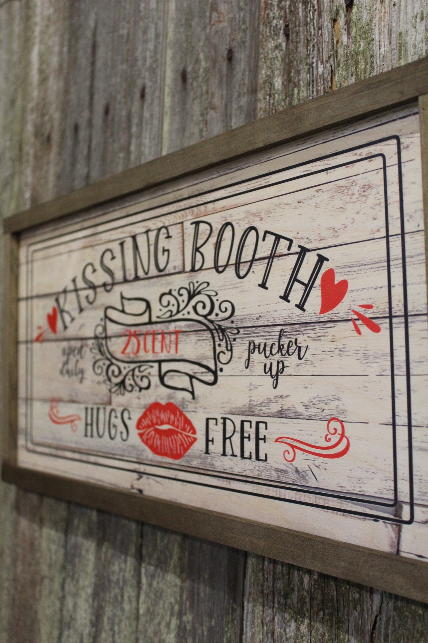 Valentine Kissing Booth Wood Sign Pucker Up Large Sweetest Day 25 Cents Red Shiplap Hugs Free Framed Wall Art Farmhouse Primitive Rustic