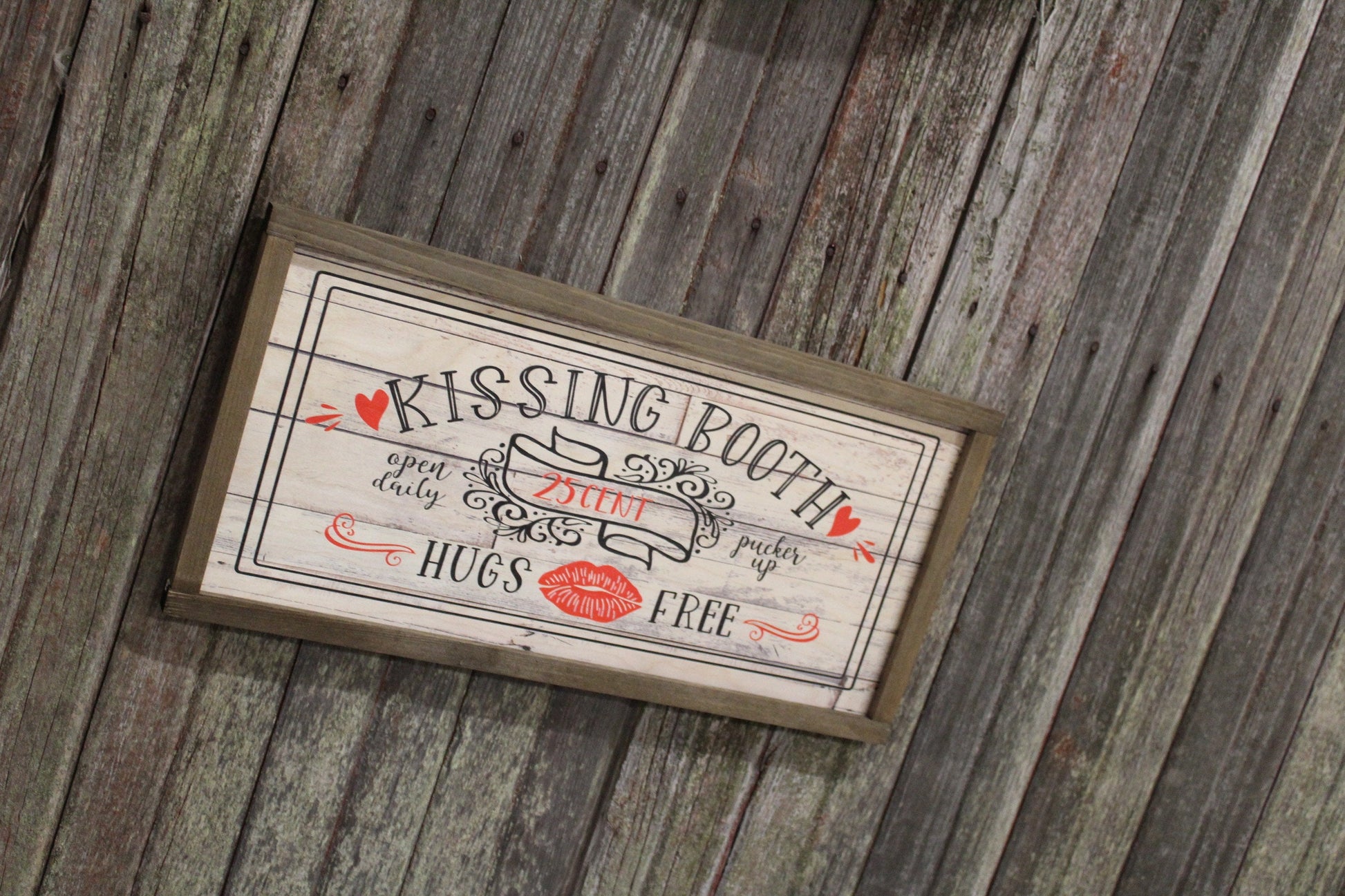 Valentine Kissing Booth Wood Sign Pucker Up Large Sweetest Day 25 Cents Red Shiplap Hugs Free Framed Wall Art Farmhouse Primitive Rustic