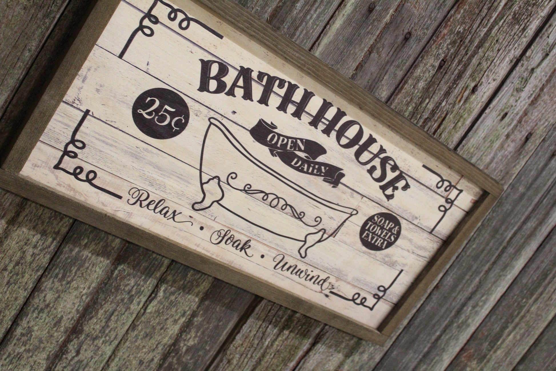 Farmhouse Bath House Bathhouse Tub Wood Sign Claw Foot 25 Cents Shiplap Relax Soak Towels Extra Unwind Framed Wall Art Primitive Rustic