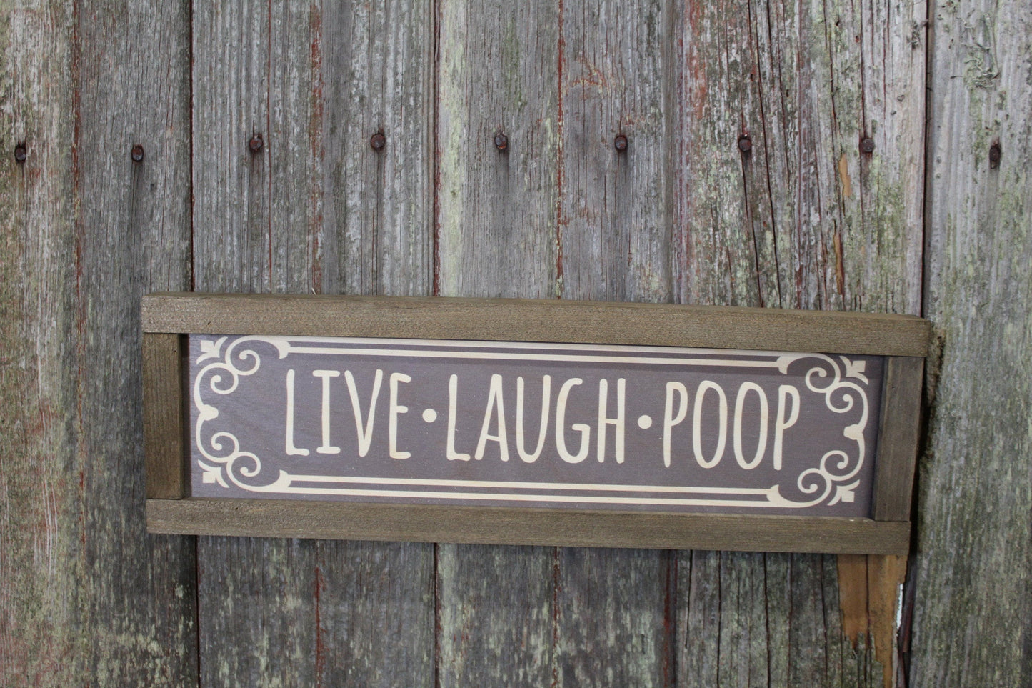 Live Laugh Poop Bathroom Sign Wood Printed Rustic Primitive Wall Art Picture Text Script Retro Bath Funny Silly Small Gray Brown Print