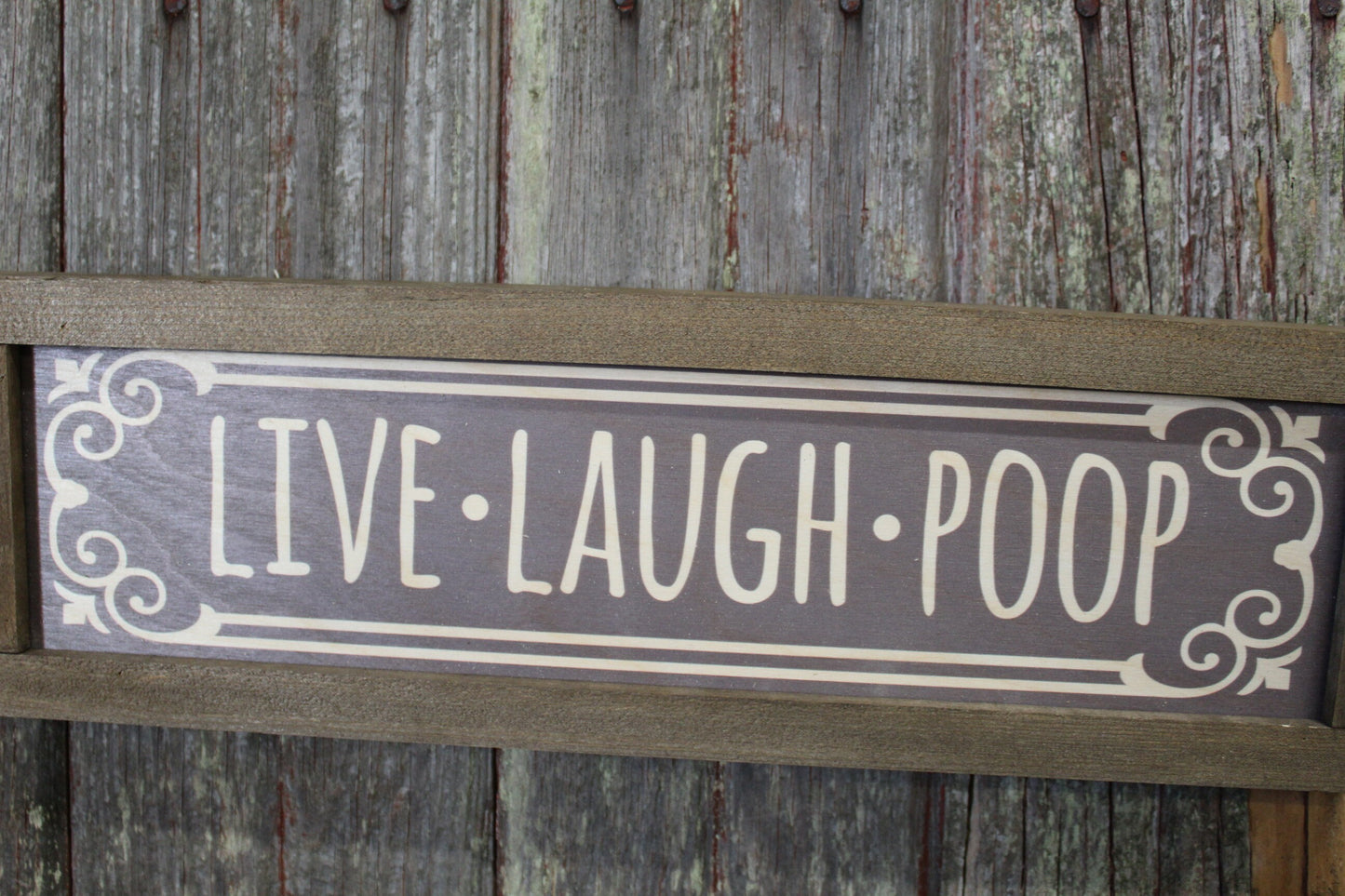 Live Laugh Poop Bathroom Sign Wood Printed Rustic Primitive Wall Art Picture Text Script Retro Bath Funny Silly Small Gray Brown Print