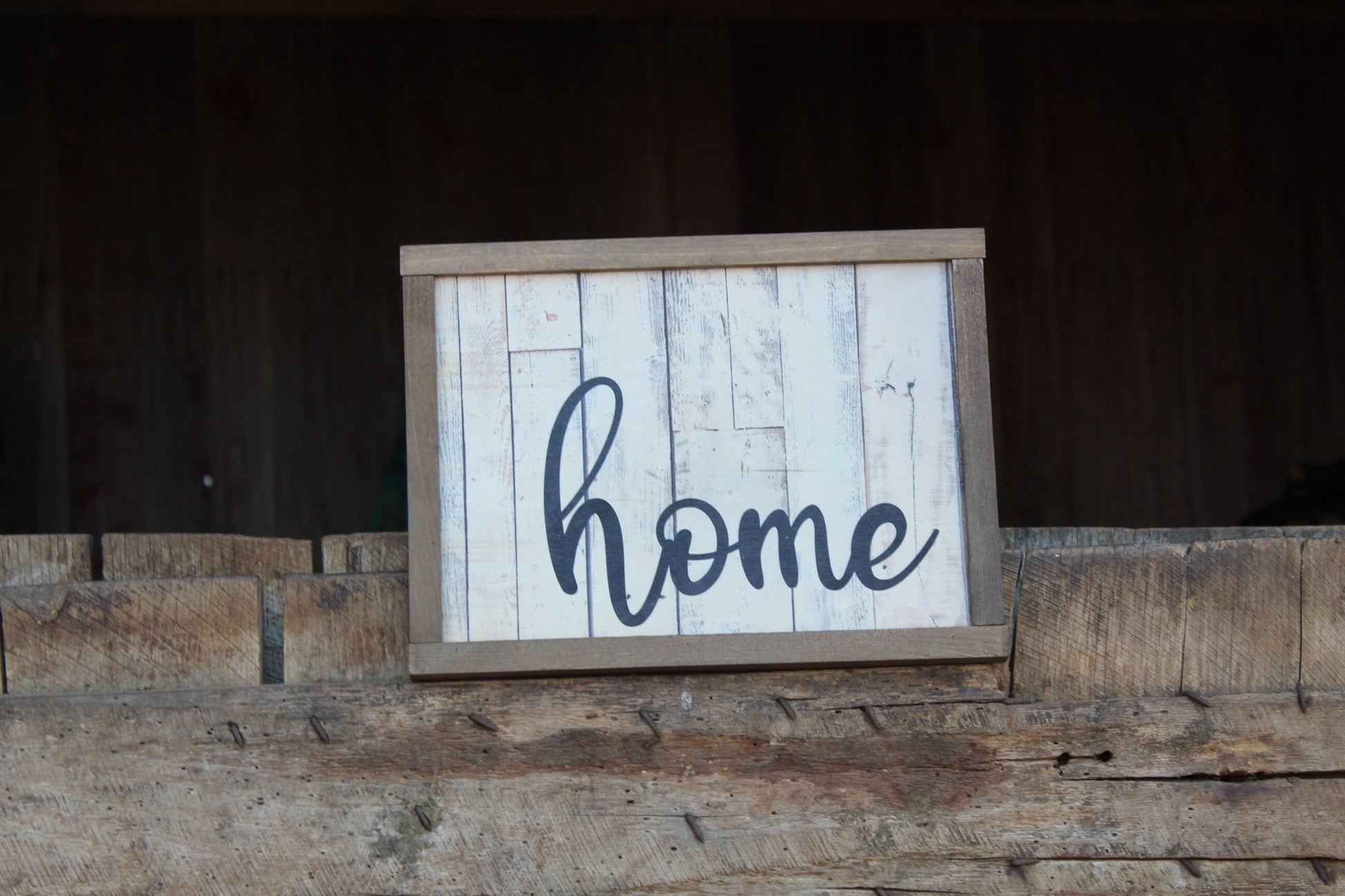 Home Wood Sign Script Text White Shiplap House Warming Brown Frame Farmhouse Decor Gift Print Art Primitive Rustic Barn Wood