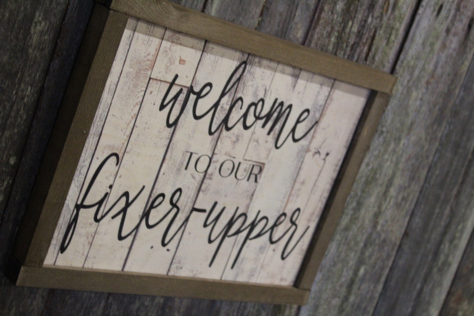 Welcome to our Fixer Upper Wood Sign New Home Script Text Shiplap House Warming Frame Farmhouse Decor Gift Print Primitive Rustic Barn Wood