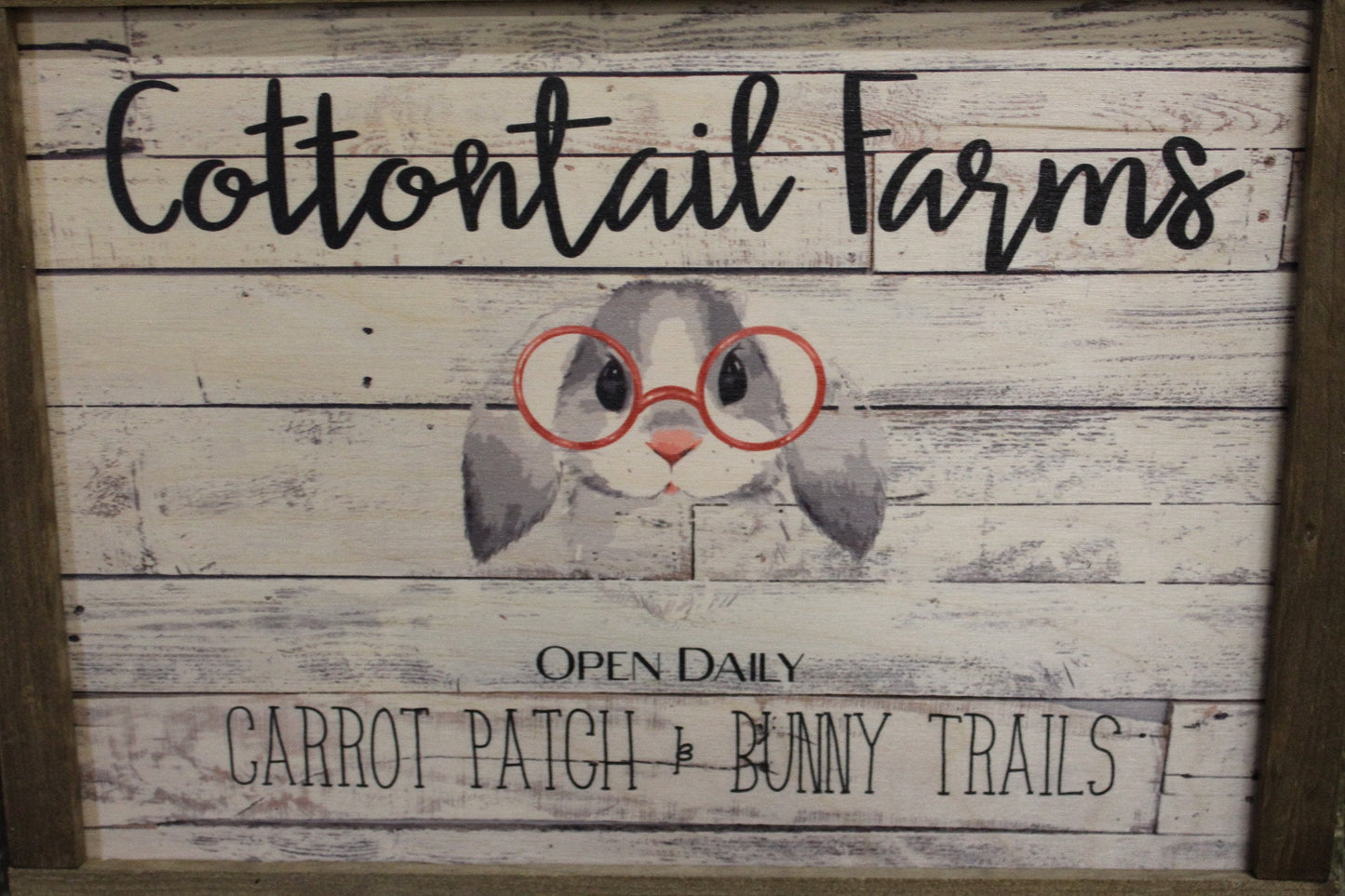 Cottontail Farms Wood Sign Spring Bunny Rabbit Glasses Shiplap Rustic Primitive Wall Art Picture Text Script Open Daily Carrot Patch Trails