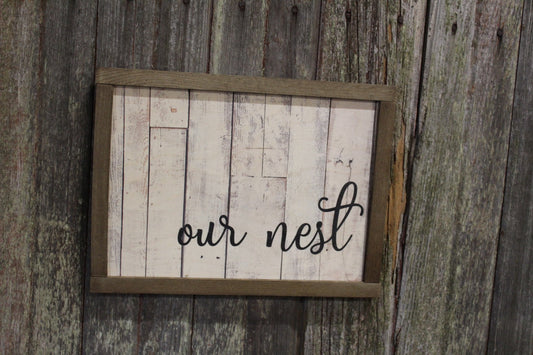 Our Nest Pallet Wood Sign Print Farmhouse Decoration Text House Warming Home Owners Gift Barn Wood Frame Wall Art White Shiplap Script