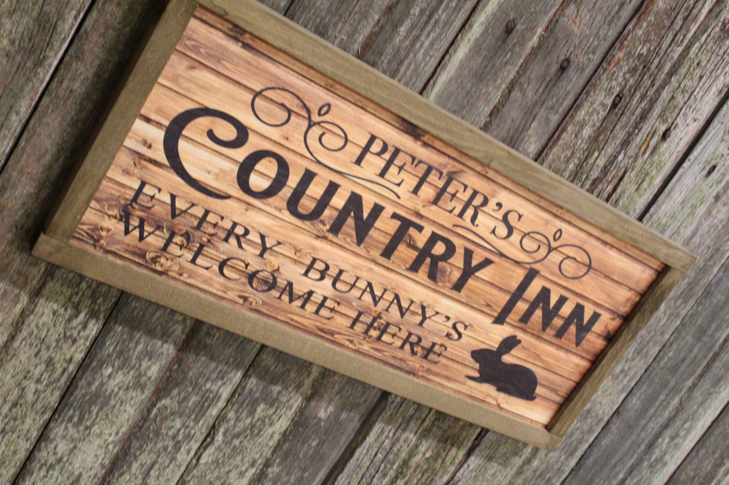 Peters Country Inn Wood Sign Bed and Breakfast B&B Bunny Rabbit Easter Spring Large Framed Wall Art Farmhouse Rustic Every Bunnies Welcome