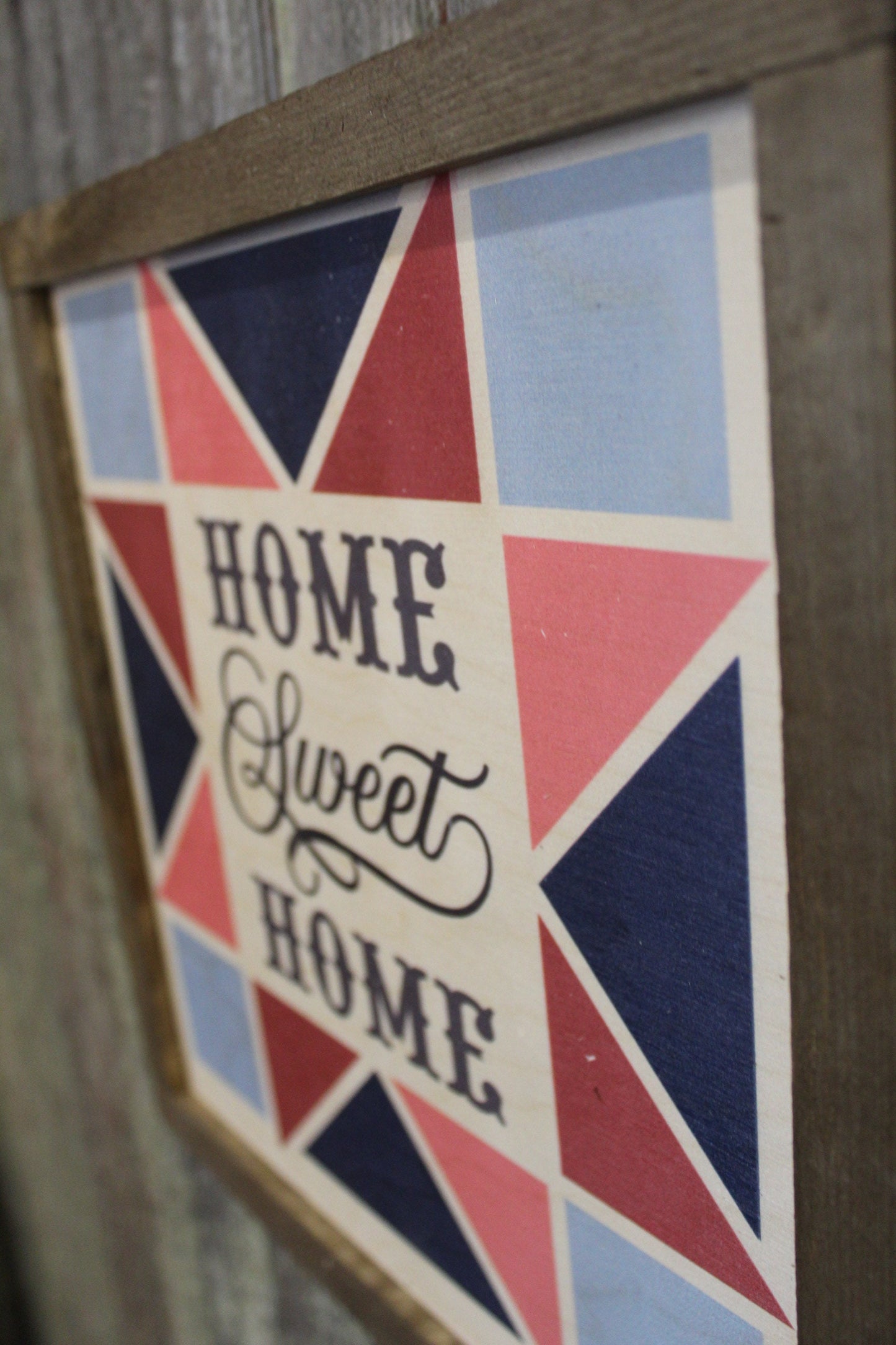 Home Sweet Home Barn Quilt Wood Sign Pastel Star Country Brown Framed Square Pattern Block Print Wall Art Farmhouse Primitive Rustic