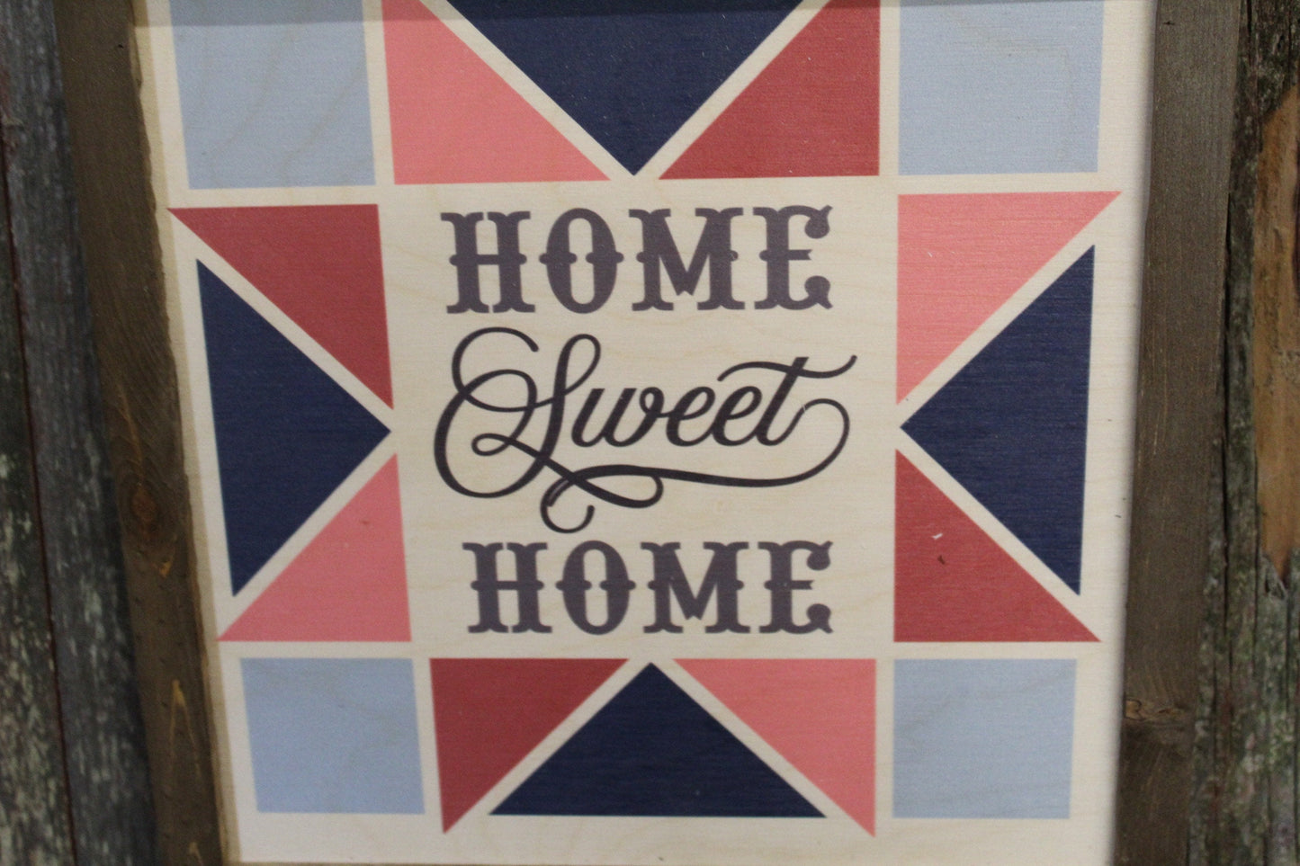 Home Sweet Home Barn Quilt Wood Sign Pastel Star Country Brown Framed Square Pattern Block Print Wall Art Farmhouse Primitive Rustic