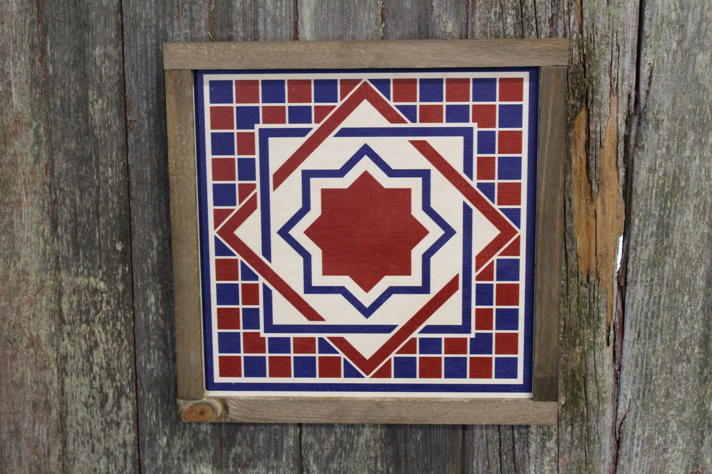Diamond Triangle Barn Quilt Wood Sign Stylized Geometric Origami Red White Blue Square Pattern Block Wall Art Farmhouse Primitive Rustic