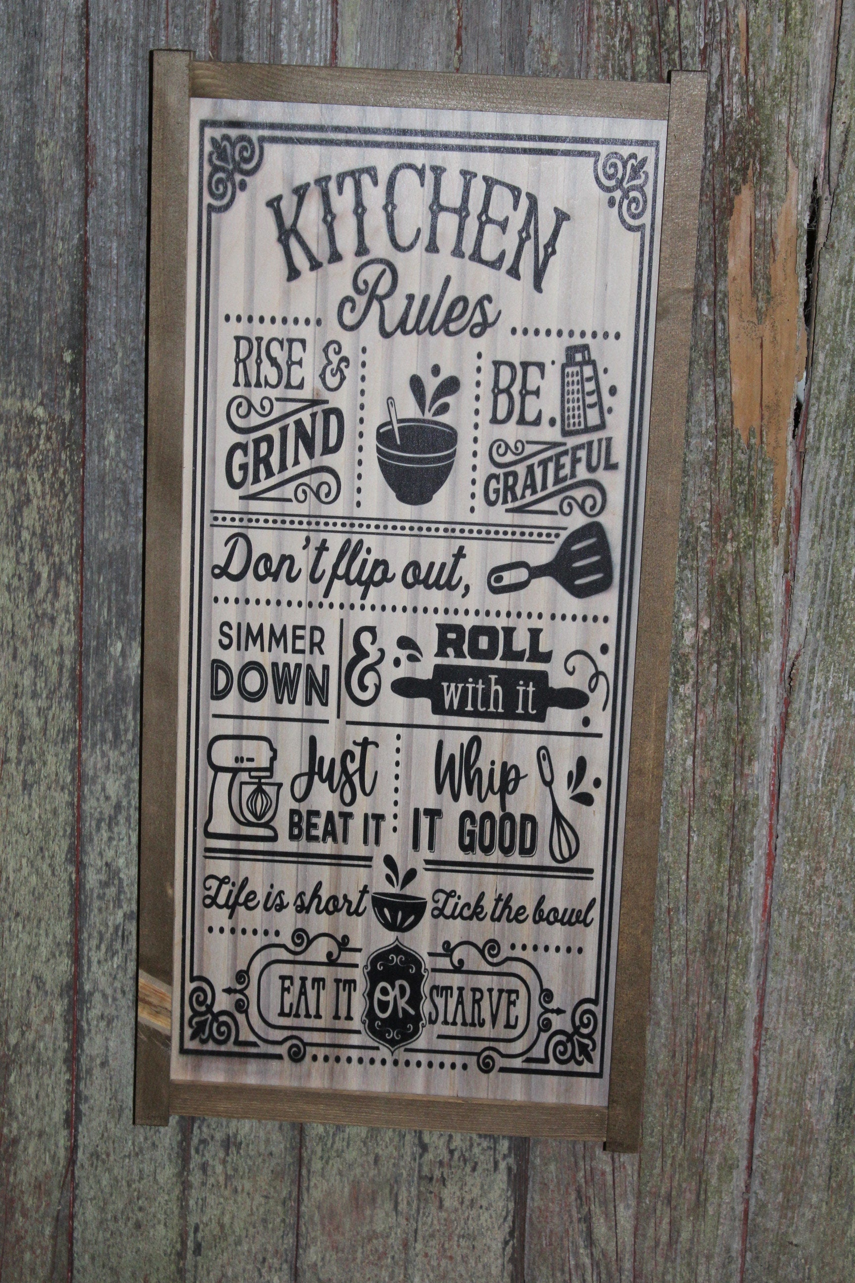 Kitchen Rules Wood Sign Shiplap Silly Funny Pun Don't Flip Out Eat it or Starve Whip It Good Wall Art Farmhouse Primitive Rustic Text Large