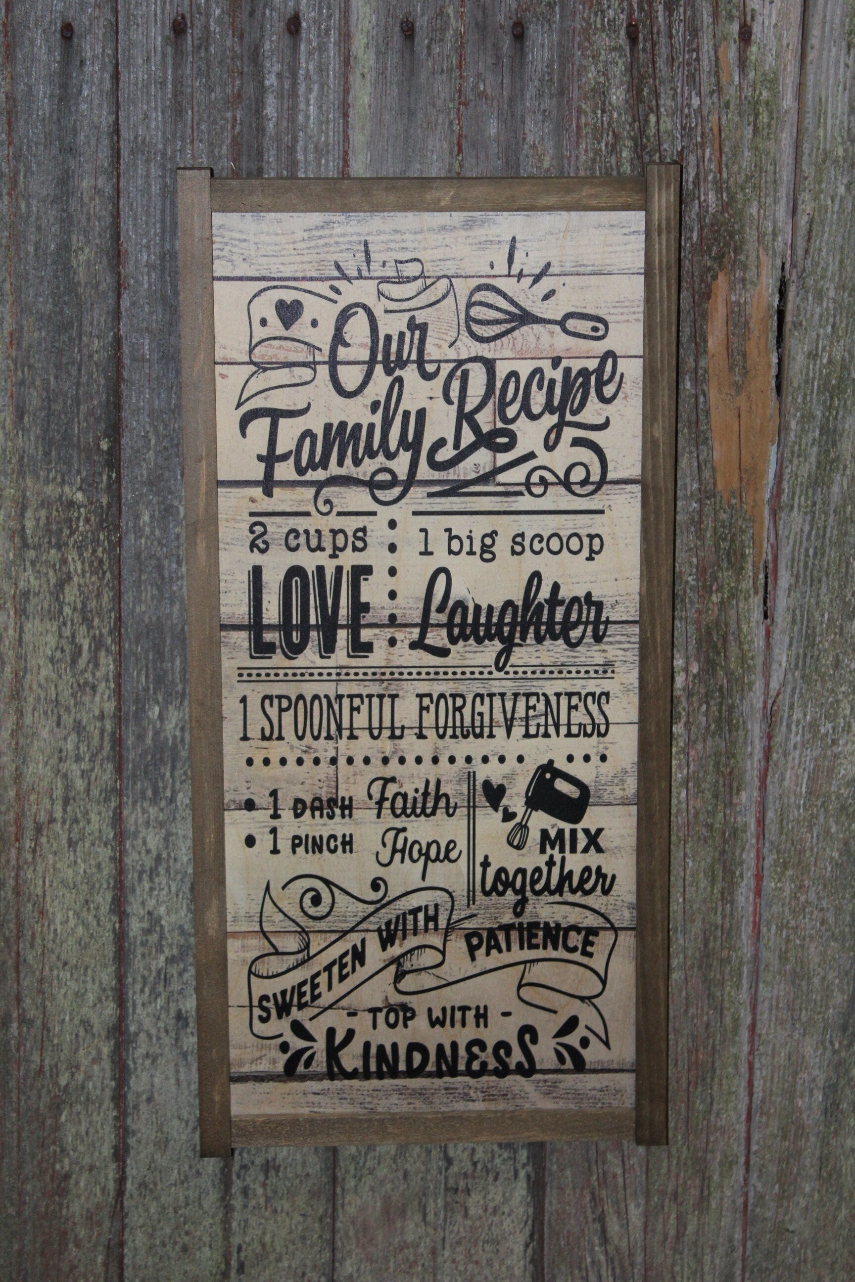 Our Family Rules Wood Sign Shiplap Wall Art Farmhouse Primitive Rustic Text Large Love Laughter Measuring Patience Kindness Recipe Text